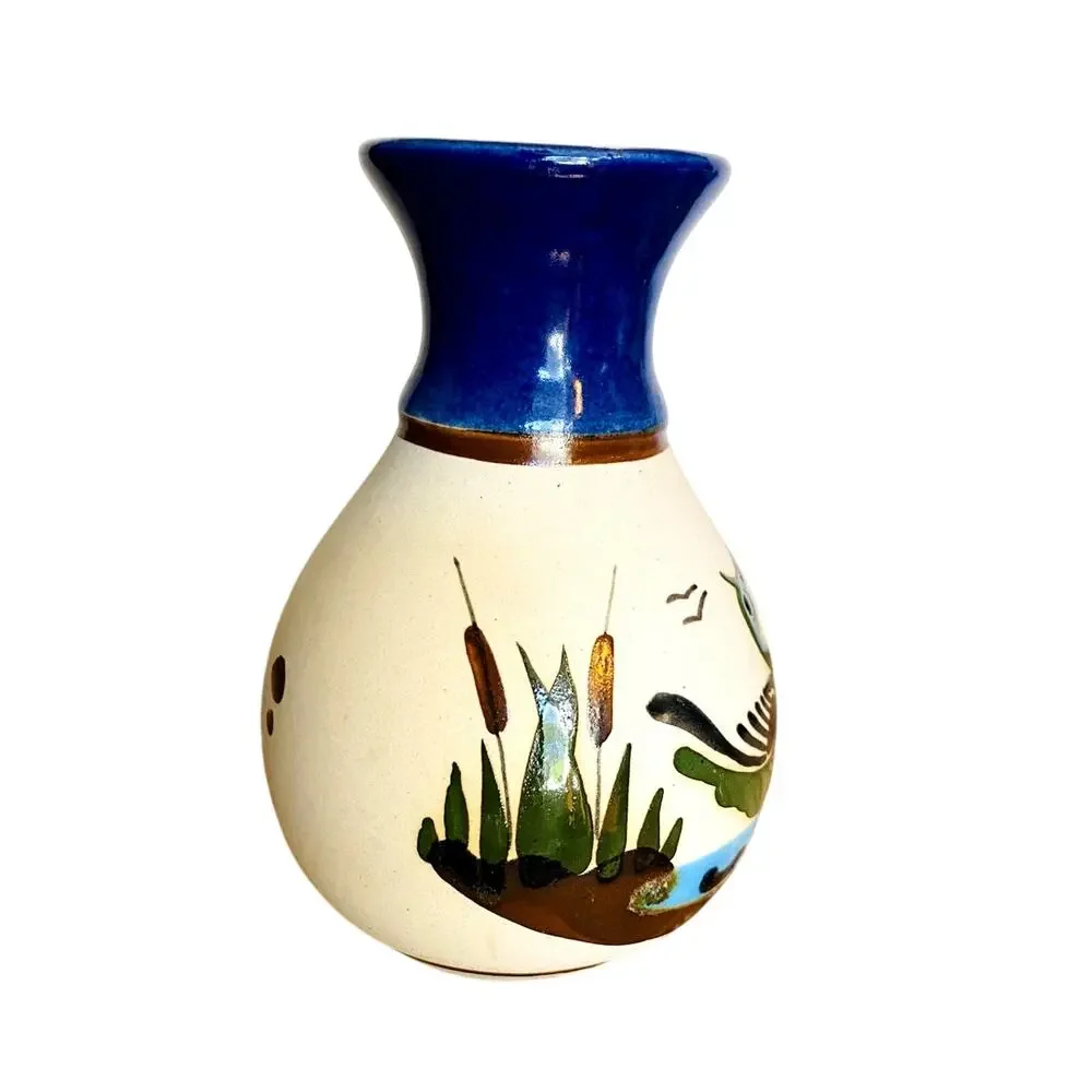 Vintage Tonala Mexico Hand Painted Pottery Vase Blue Neck Bird & Cattails